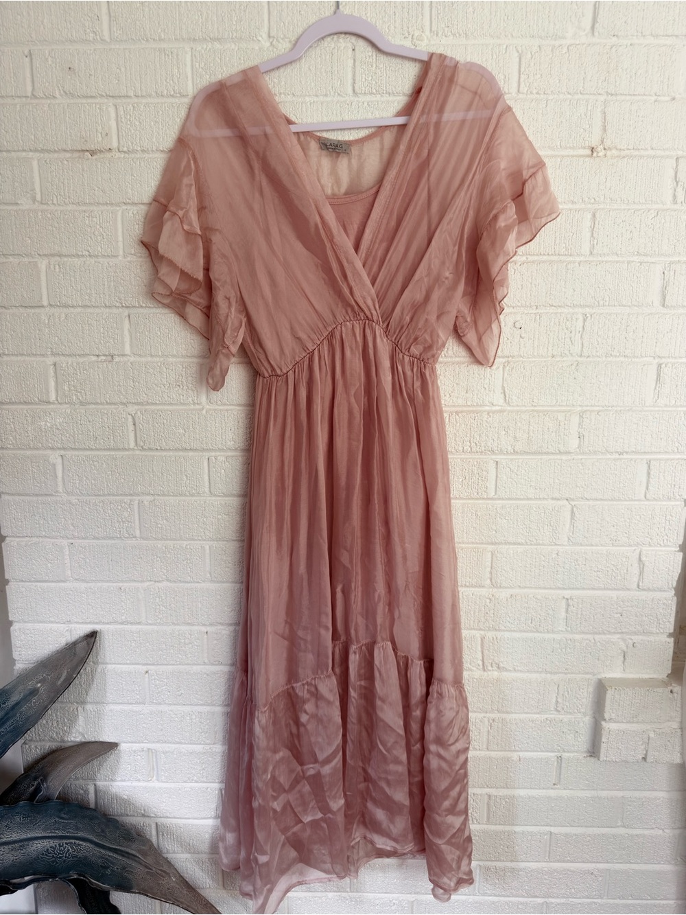 Silk Dusty Rose Chiffon Maxi Dress with Flutter Sleeves Large